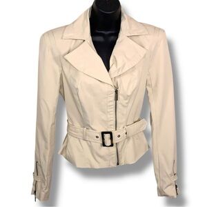 Small Bebe Light Beige Belted Jacket  Moto Windbreaker Long Sleeve Lined Neutral
